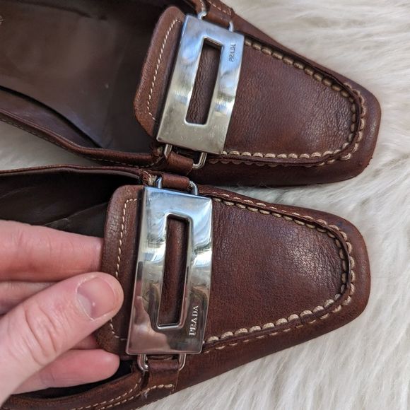Prada Brown Leather Loafers Silver Buckle 38 - Picture 4 of 7